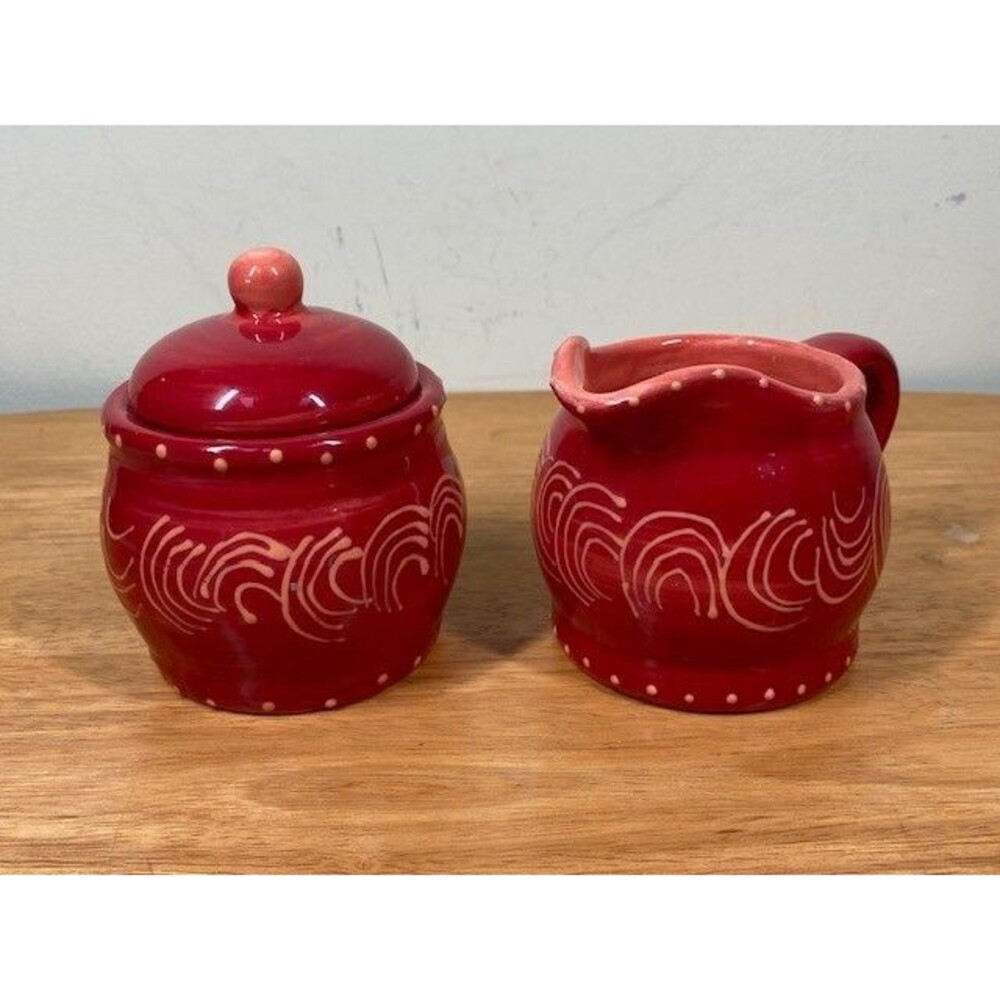 Foreside Pottery Creamer and Sugar with Lid Ceramic Red Swirls Dots Vintage
